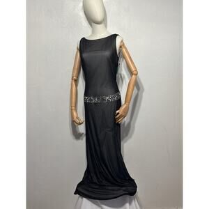 Rimini NWT Maxi Old Hollywood Beaded Drop Waist Evening Dress 10 Black Glam